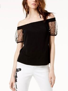 INC International Concepts Black Off-Shoulder Top with Sheer Pearl